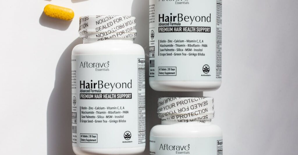 Vitamins and supplements for enhancing hair and skin health.